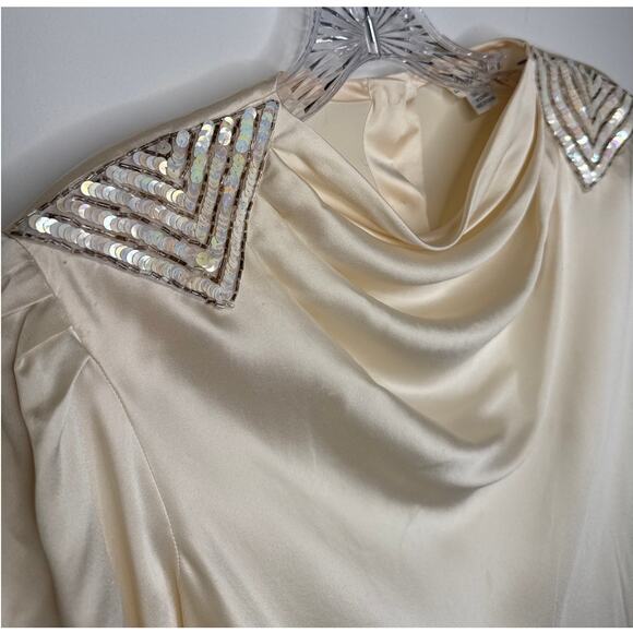 Vintage Lloyd Williams Silk cream blouse beaded sequin draped cowl neck medium - Picture 11 of 14